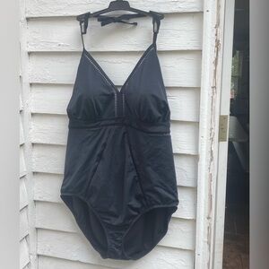Time and Tru Black One Piece Swimsuit Classic Cut Halter Top